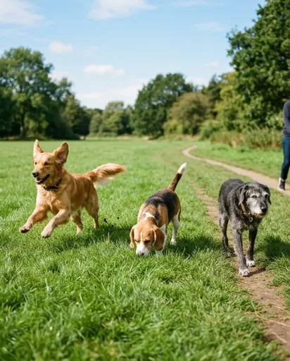 Three different dog breeds exercising together in a sunny park — one running, one sniffing grass, one walking calmly