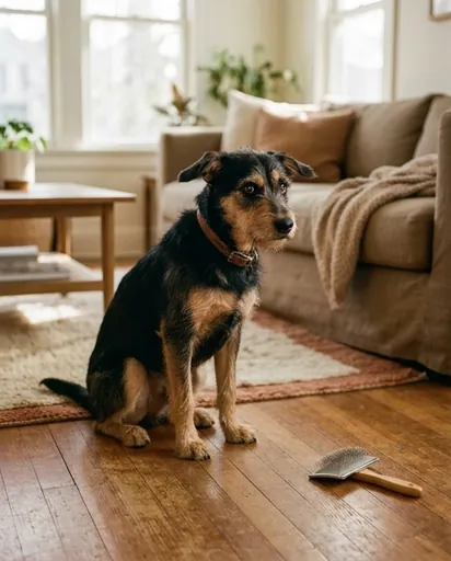 A mixed-breed dog looking cautiously at a slicker brush on the floor in a warm sunlit living room