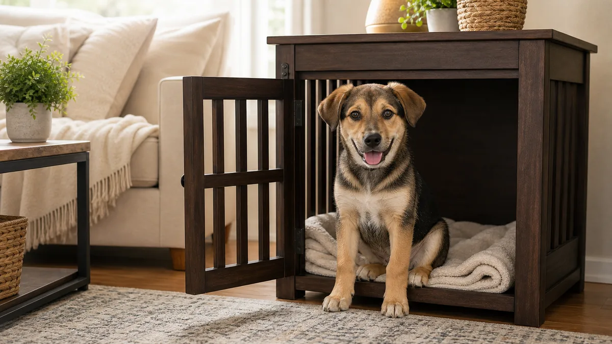 A calm puppy resting in a cozy open crate