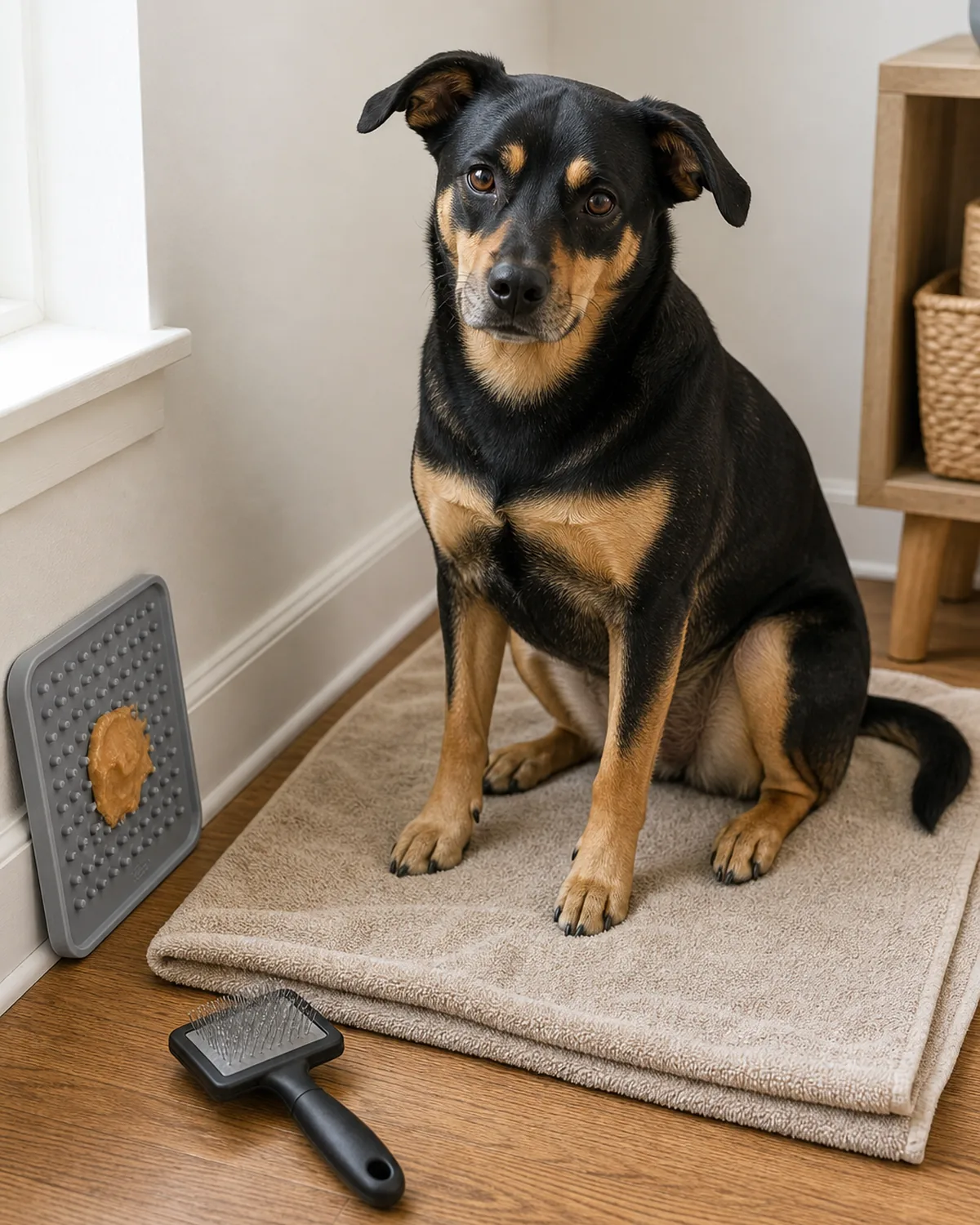 A calm black-and-tan dog sitting on a non-slip towel in a quiet room corner with a lick mat on the wall and a brush resting nearby