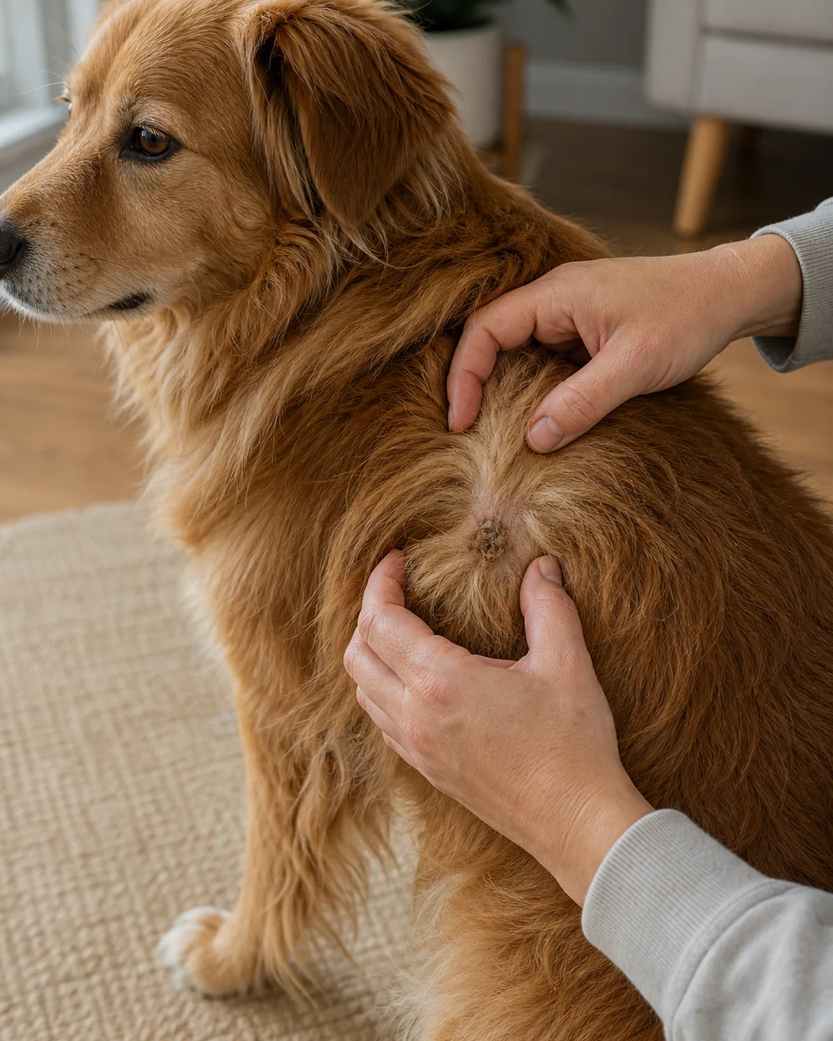Two hands gently parting the fur on a calm golden long-coated dog's back to check the skin underneath, with a small tangle visible