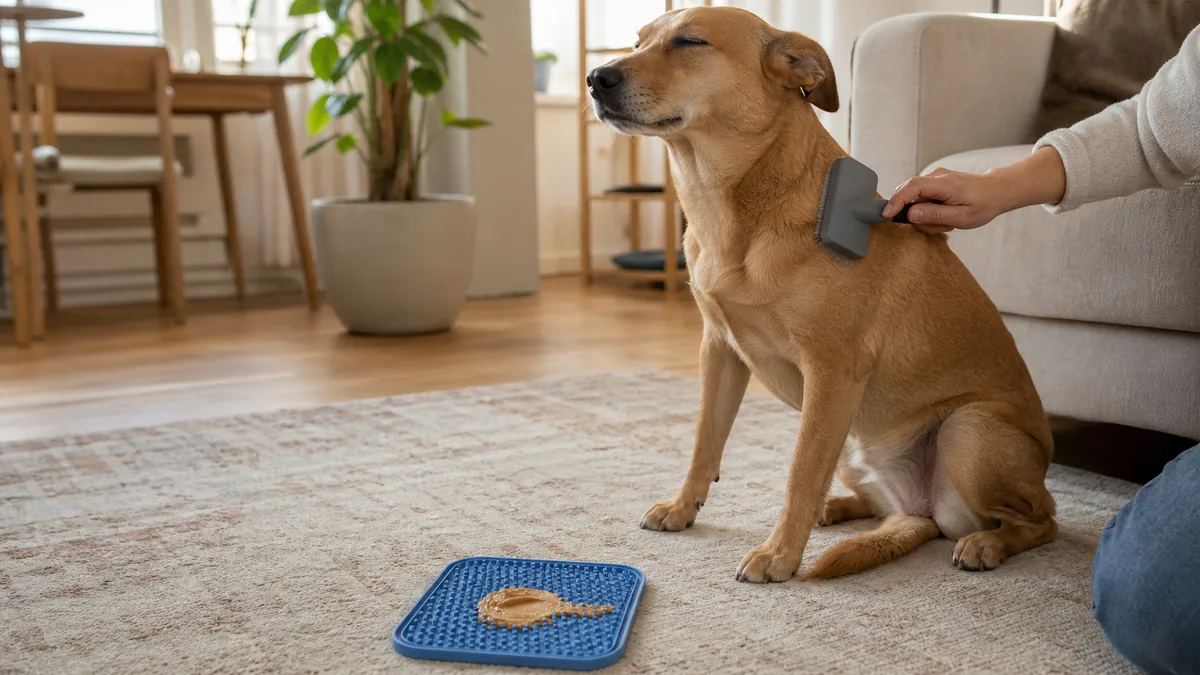 A relaxed tan dog leaning into a soft slicker brush in a warm living room with a lick mat nearby