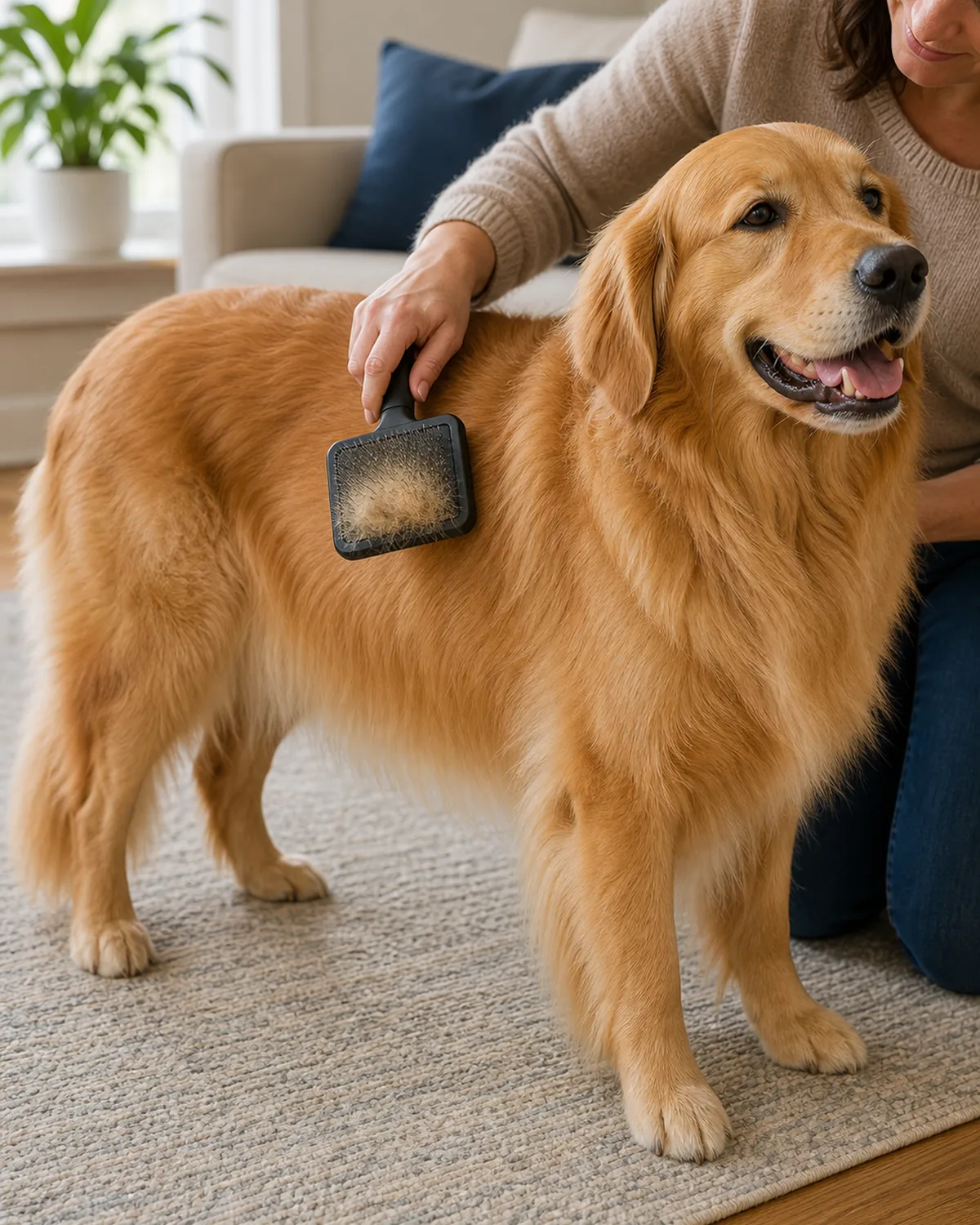 A relaxed golden long-coated dog standing comfortably while a person brushes its coat to a soft, fluffy finish with loose fur on the brush