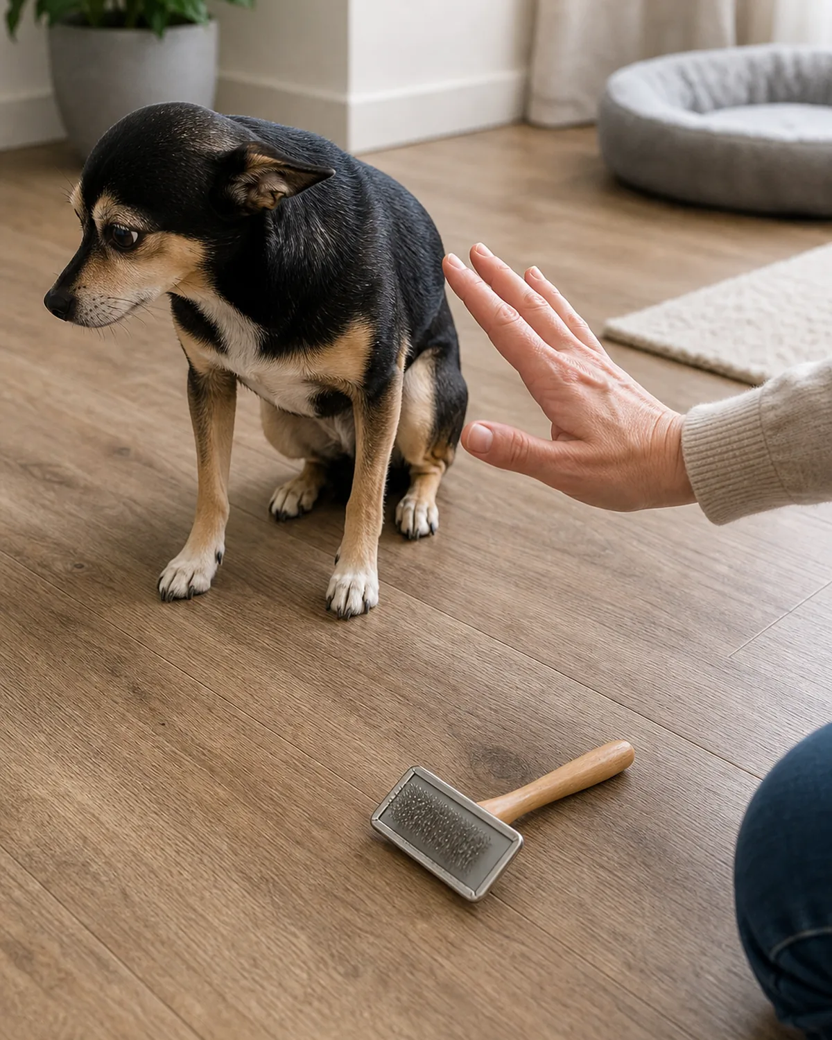 A person calmly setting a brush down on the floor and giving space to a small stressed dog with its ears back and head turned away