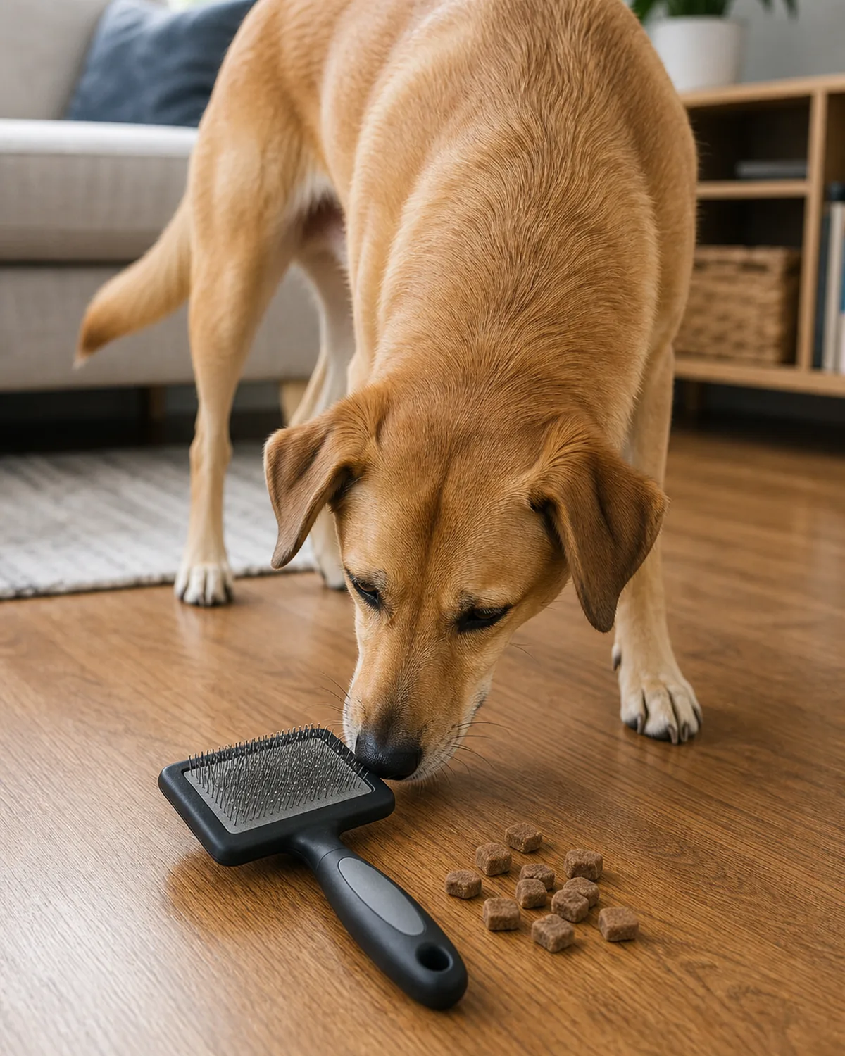 A curious tan dog sniffing a slicker brush lying on the floor with a few training treats scattered beside it