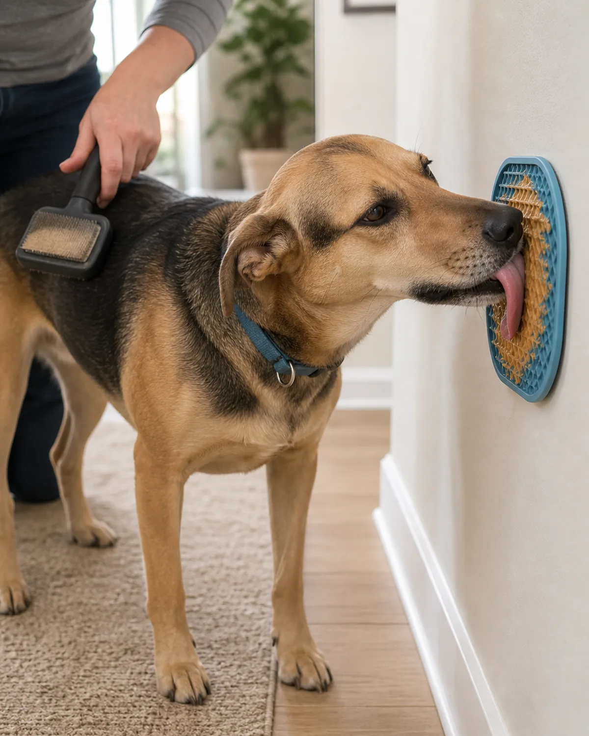 A medium dog happily licking a lick mat stuck to a wall while a person brushes its back from behind