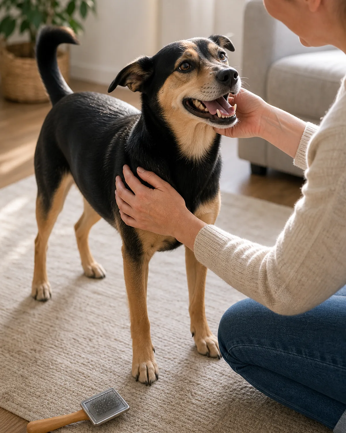 A happy relaxed dog with a freshly brushed glossy coat being praised by a person crouching to pet it after a grooming session