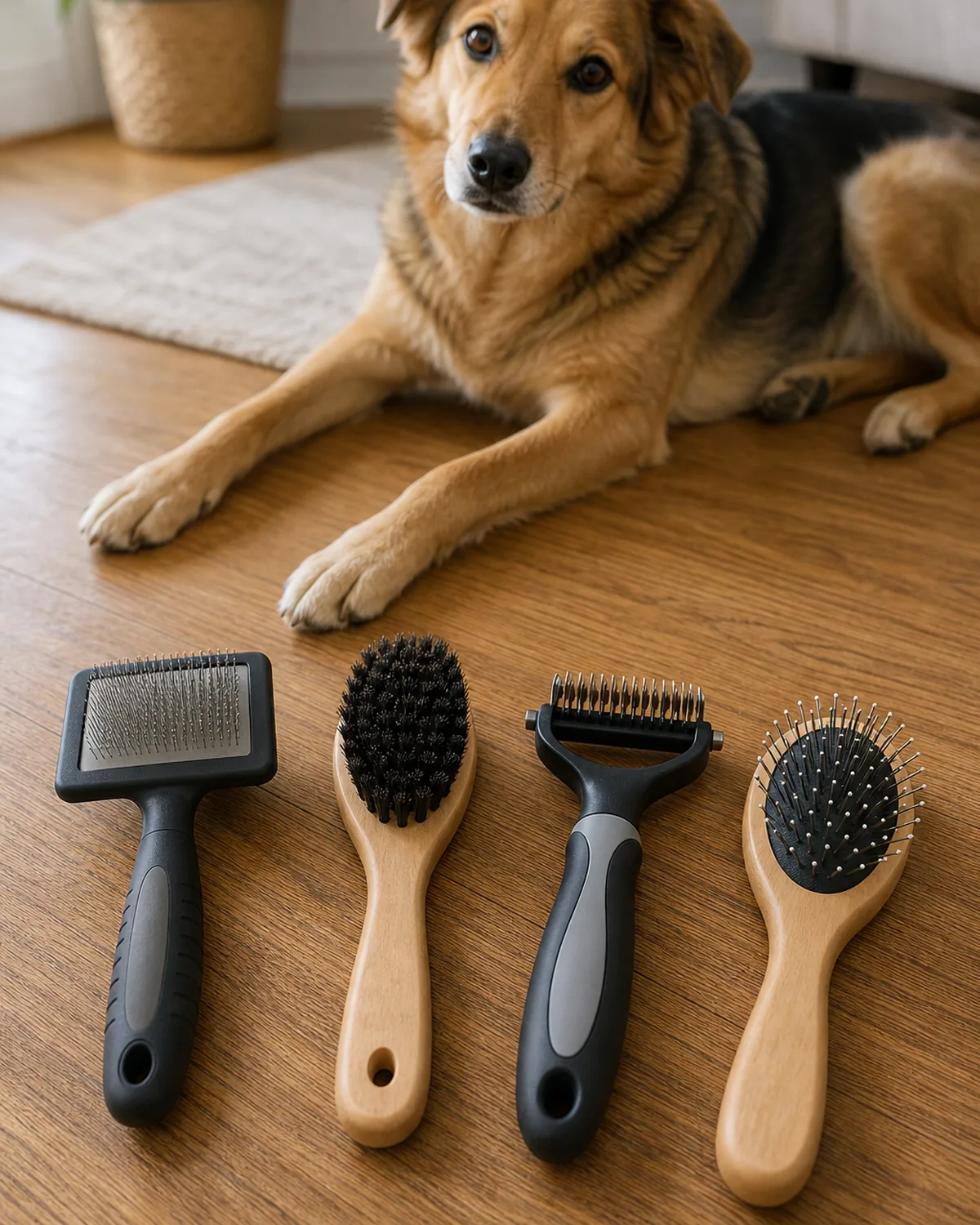 Four different unbranded dog brushes laid in a row on a wood floor, a slicker, a bristle brush, an undercoat rake and a pin brush, with a calm dog resting behind them