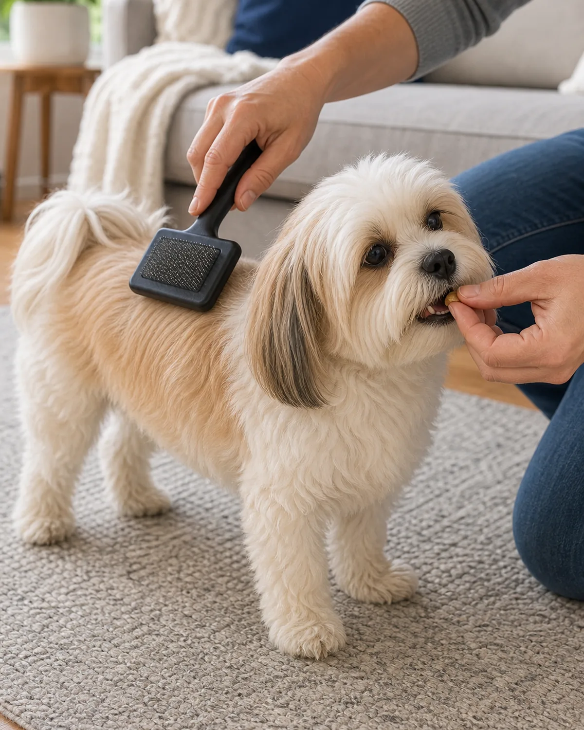 A person drawing a single gentle brush stroke down a small fluffy dog's back while the other hand offers a treat the dog is taking