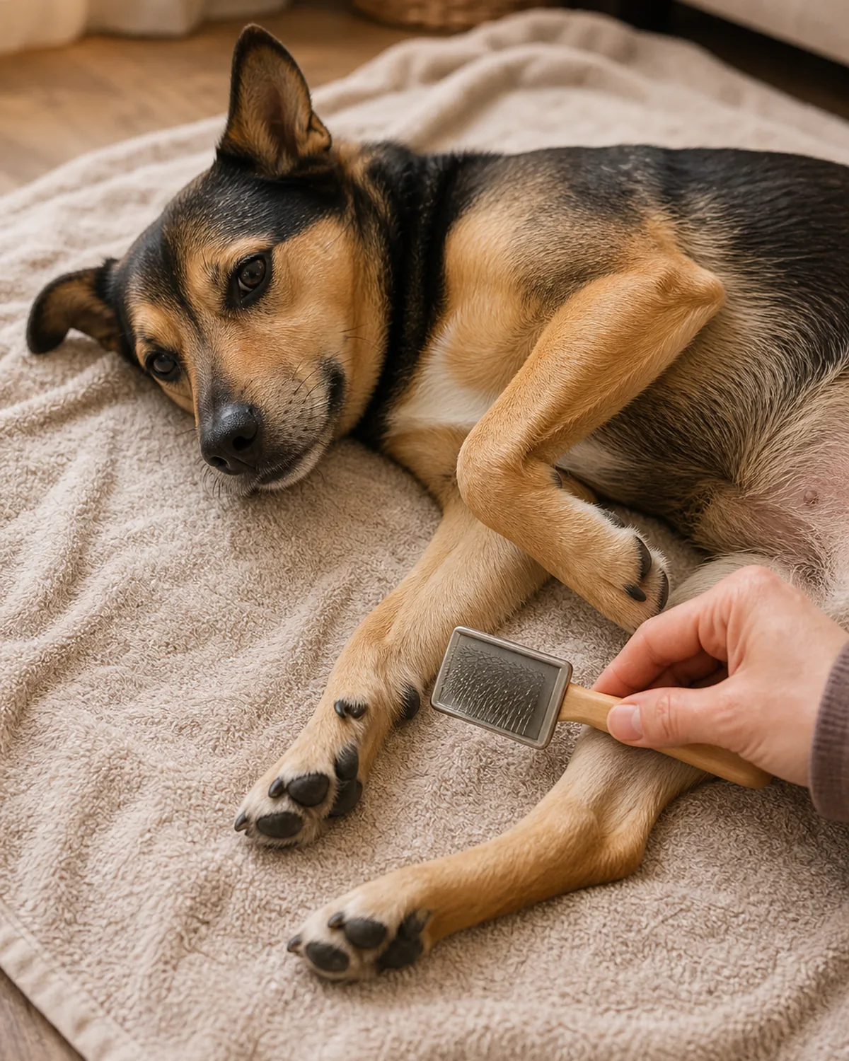 A relaxed dog lying on its side on a soft towel while a person gently brushes the fur on its leg and belly with light strokes