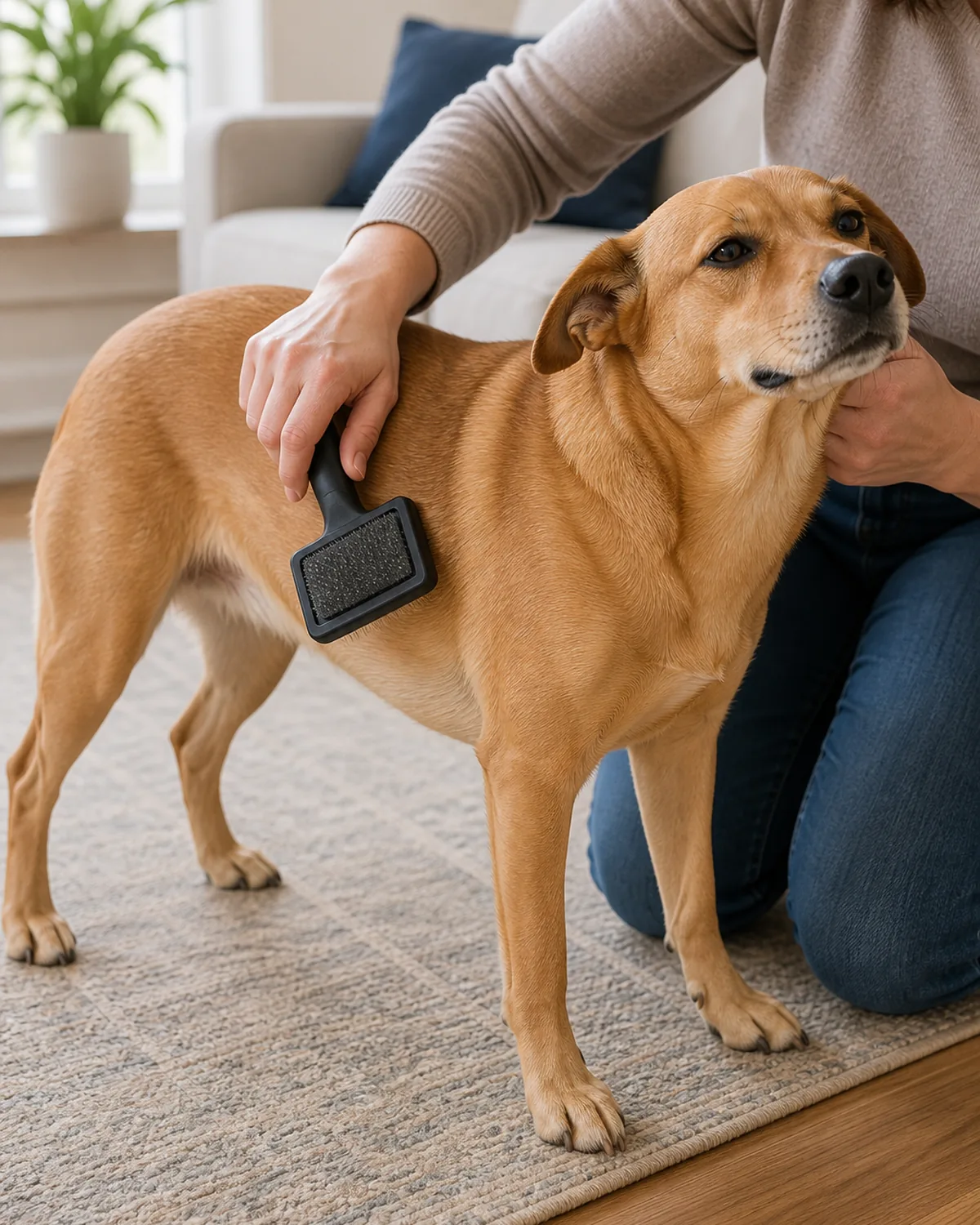 A person calmly brushing the side of a relaxed tan dog that is standing comfortably and leaning in slightly during a short session