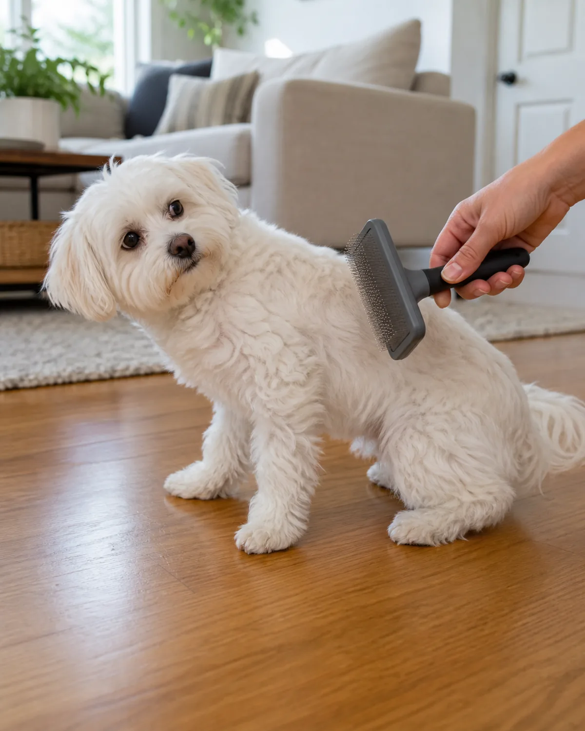 A small fluffy white dog leaning away with its ears slightly back as a slicker brush is held out toward it on a wood floor