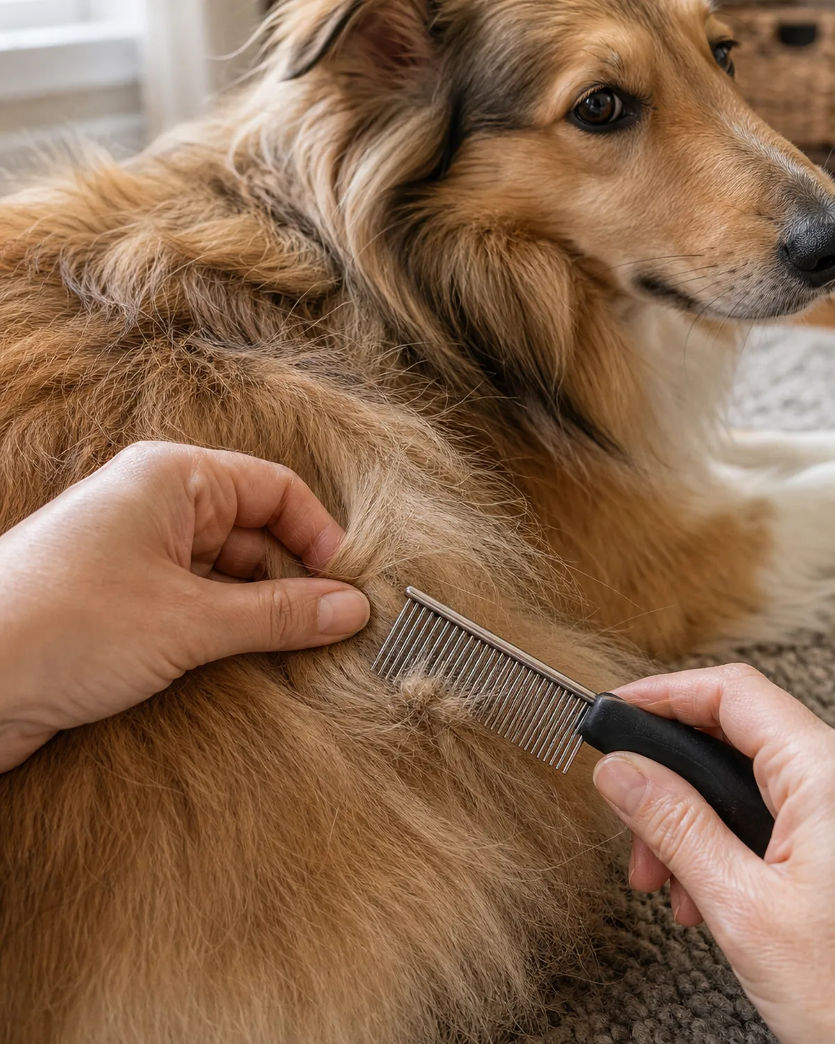 Two hands easing a comb through a small tangle in a long-coated dog's fur, one hand holding the base of the fur near the skin to prevent pulling