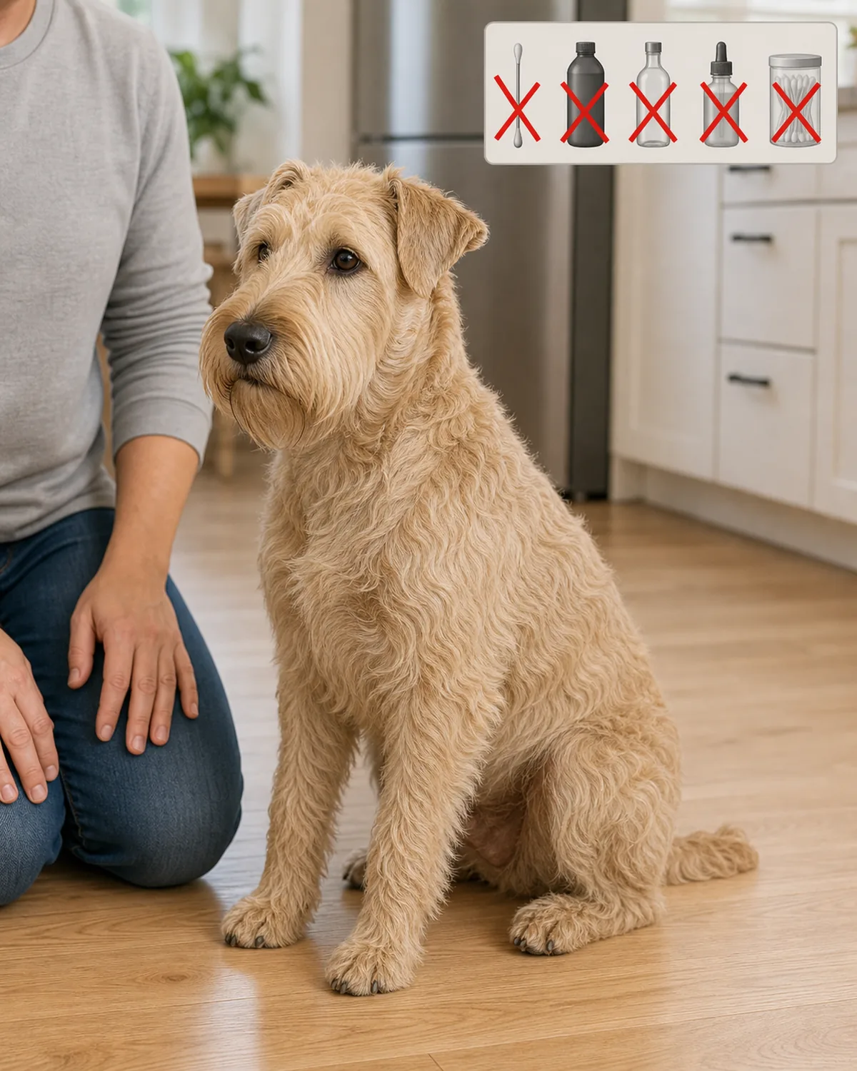 A medium athletic solid wheaten-colored soft-wavy-long-coated folded V-shape-eared rectangular-headed terrier-shape dog sitting calmly in profile on a clean light hardwood kitchen floor in soft warm mid-morning daylight, the owner's hands at the sides not touching the dog, a small warning-sign inset in the upper-right corner showing five small silhouette icons in a clean row — a cotton swab, a hydrogen-peroxide bottle, a vinegar bottle, a human ear-drop bottle, and a cotton-swab jar — each crossed out with a bright red diagonal slash