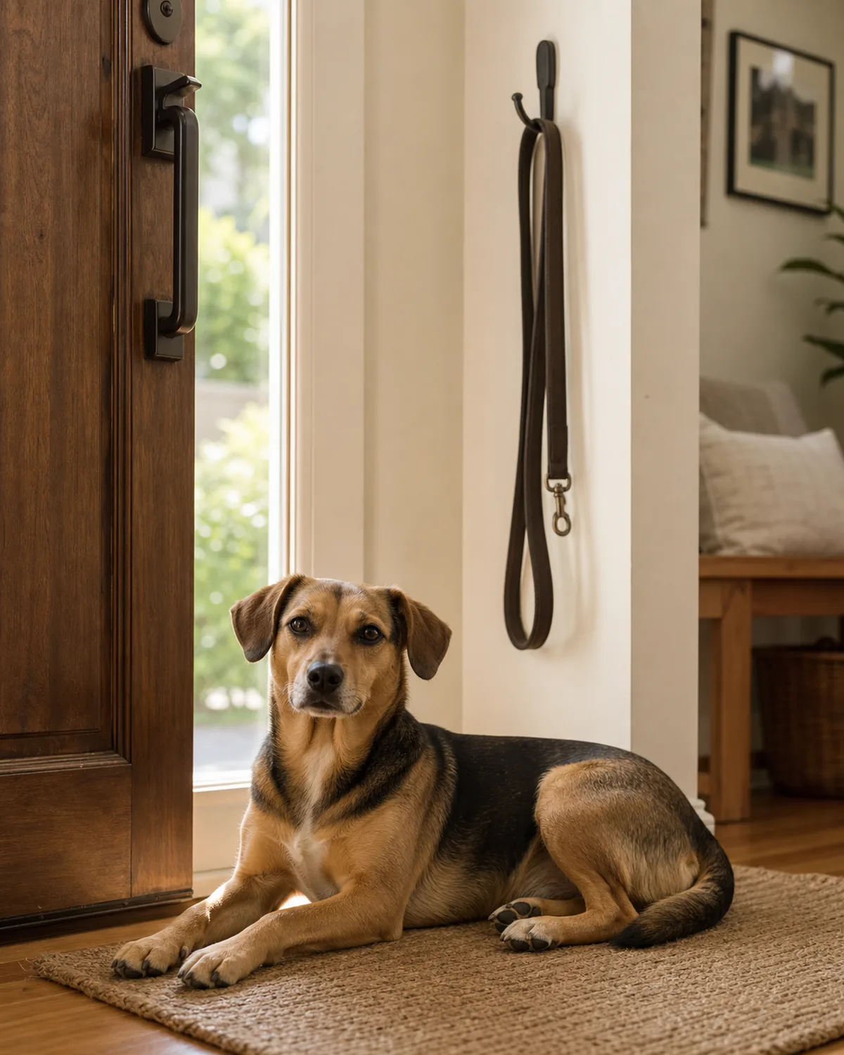 A calm, satisfied dog resting by the front door next to a leash hung on a hook, as if between scheduled walks, in warm home light