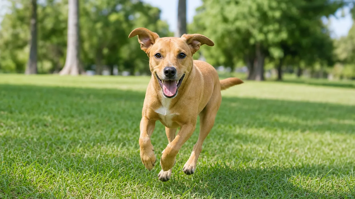 A happy dog running outdoors on grass