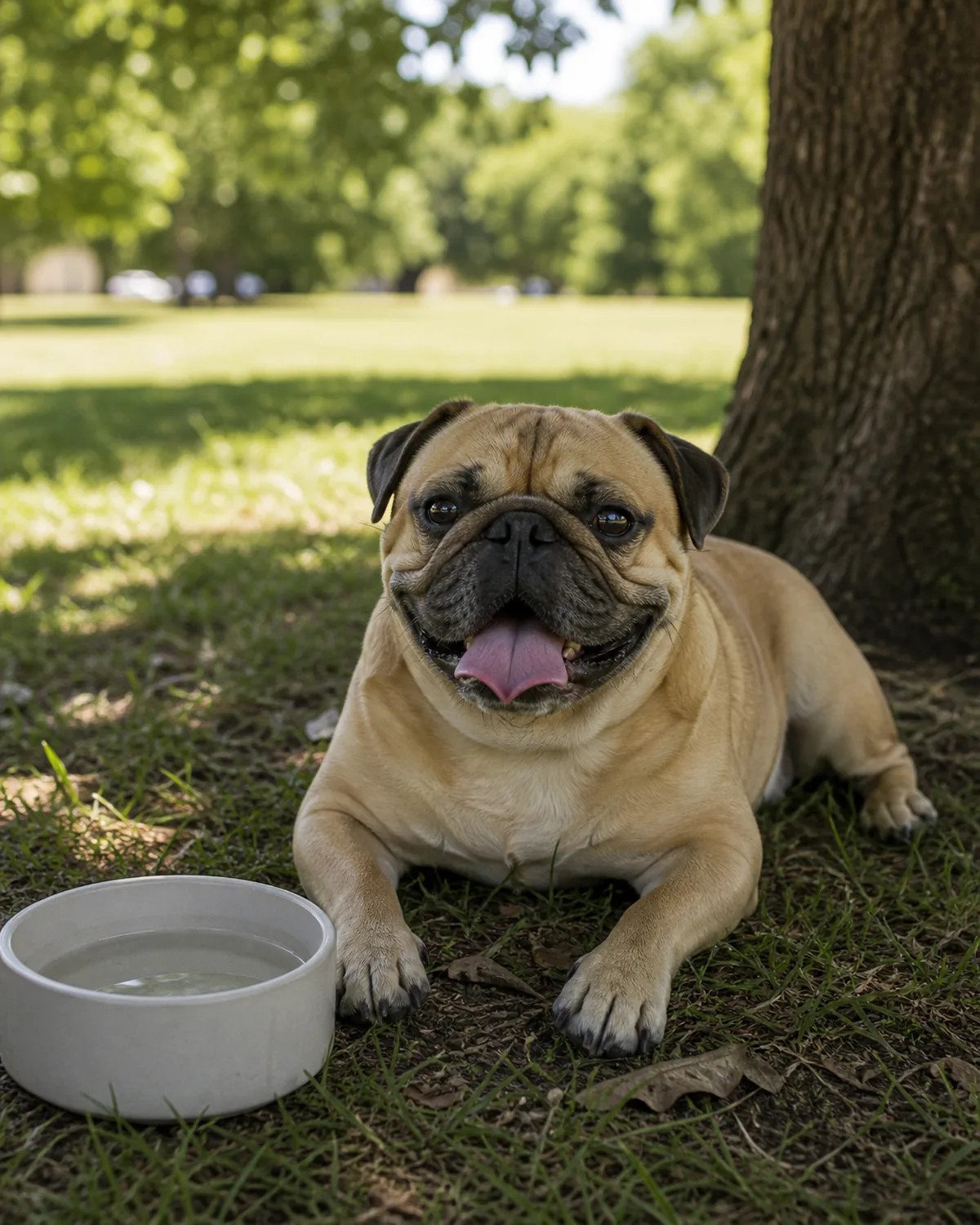 A short-muzzled flat-faced dog resting in cool shade on grass on a warm day with a plain water bowl nearby, panting gently