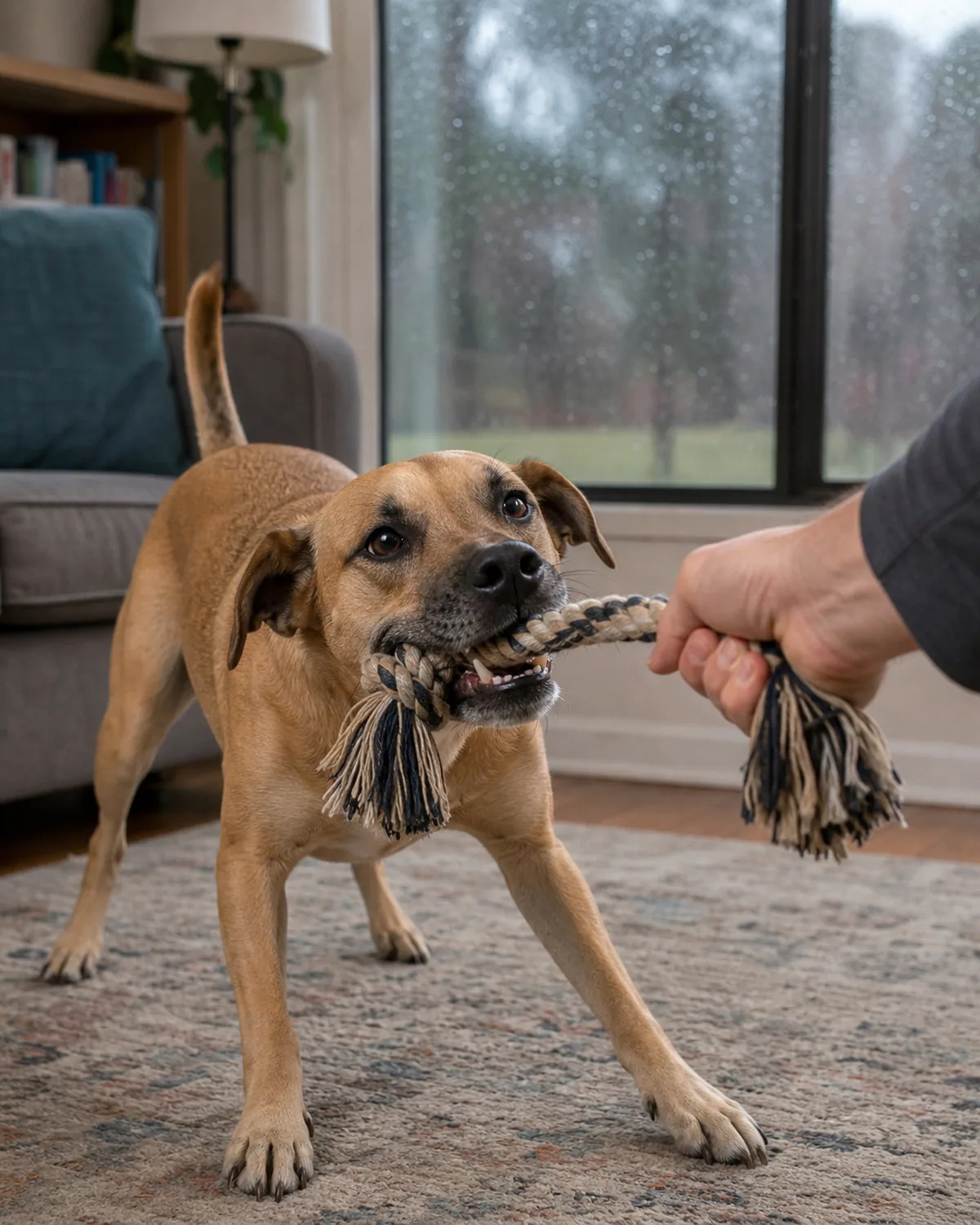 A dog playing an indoor game of tug with a person's hand using a plain rope toy in a living room, with rain visible on the window behind