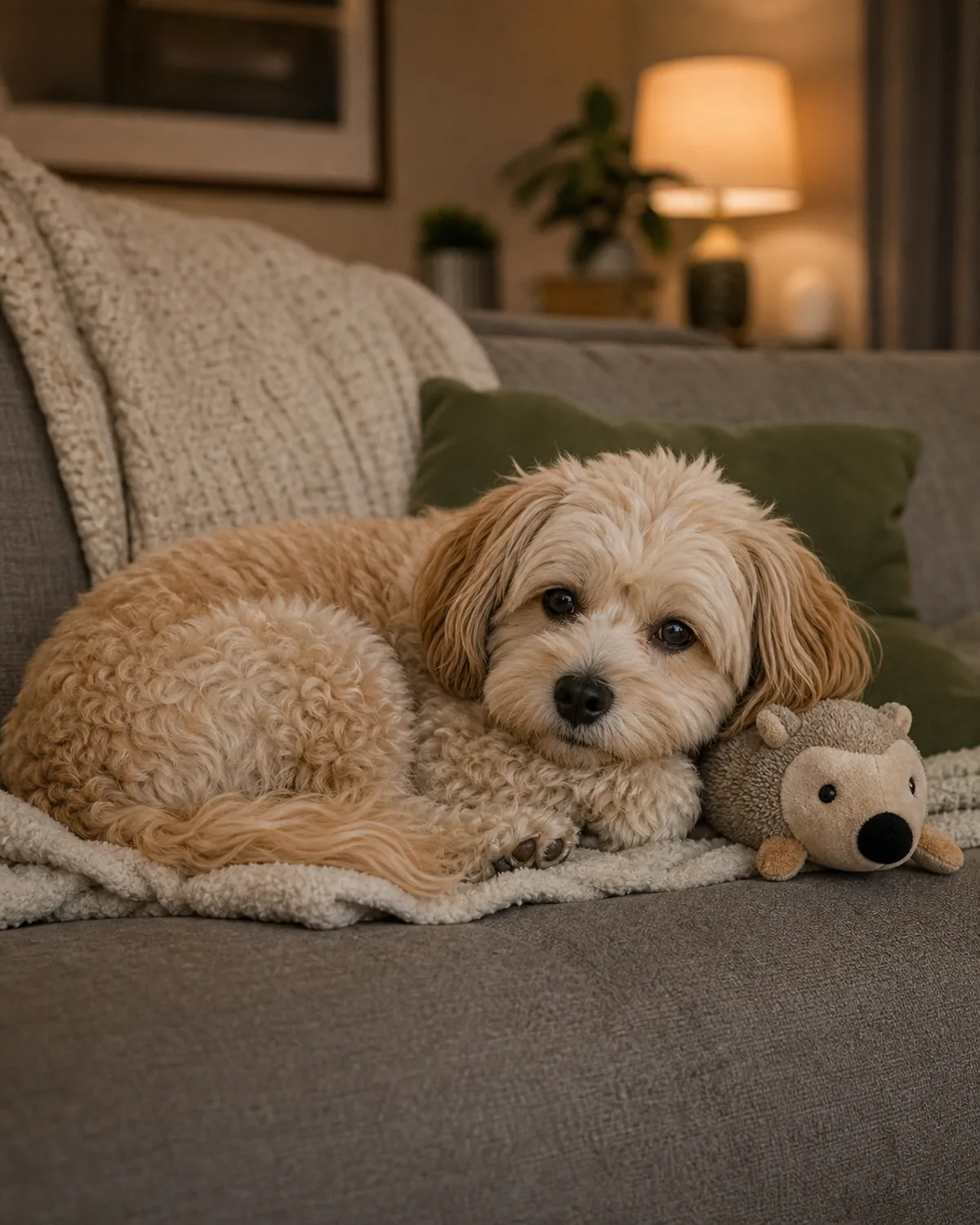 A small fluffy companion dog curled contentedly on a sofa after a short play session, a plain small toy nearby in a cozy warm-lit living room