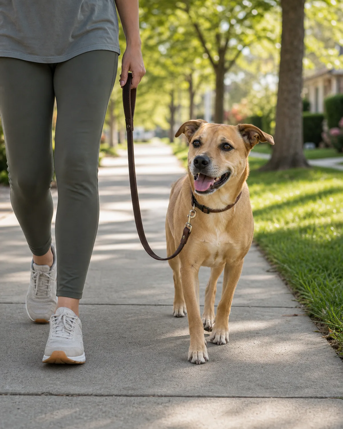 A medium short-coated dog walking happily on a loose leash beside a person's lower legs on a neighborhood sidewalk in morning light