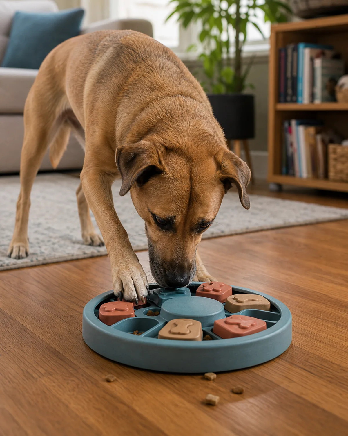 A focused dog nose-working a plain treat-dispensing puzzle toy on the floor, fully engaged, in soft indoor daylight