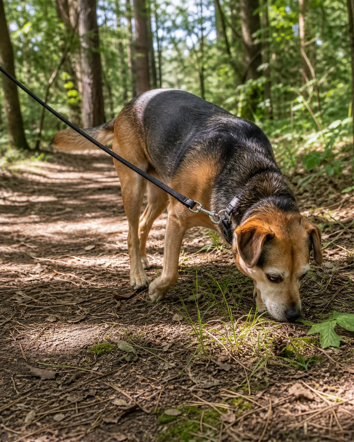 A dog happily exploring and sniffing nose-down along a wooded trail with a relaxed tail, in dappled daylight through the trees