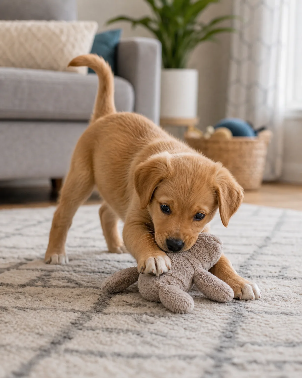 A young puppy playing briefly with a soft toy on a living-room rug, a little clumsy and happy in soft daylight
