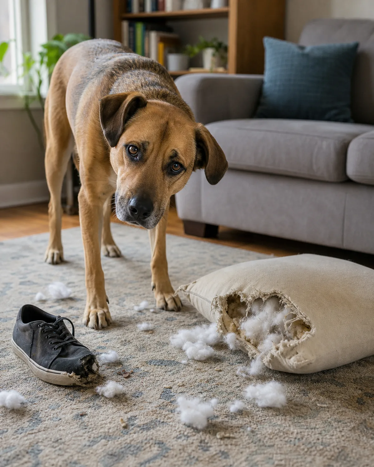 A restless under-exercised dog beside a mildly chewed cushion on a living room floor in daylight, looking a bit guilty