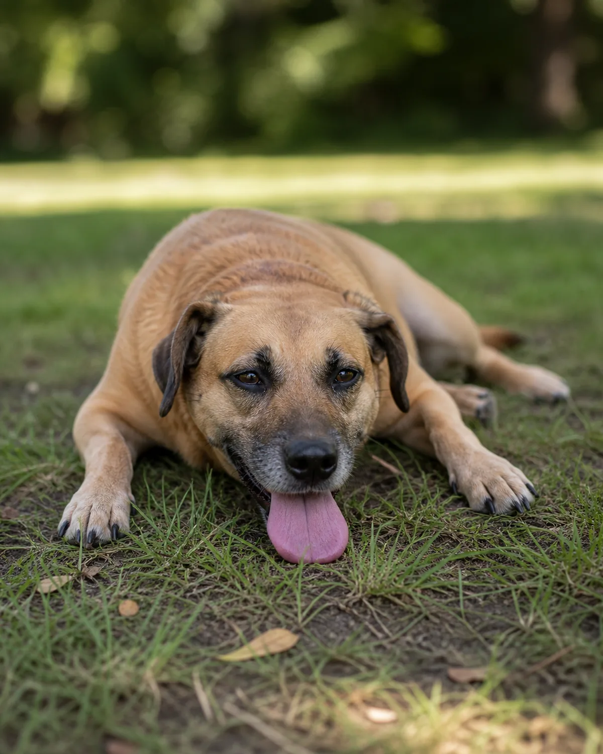 A tired dog lying flat and sprawled on the grass after too much activity, panting heavily and reluctant to get up, in soft daylight