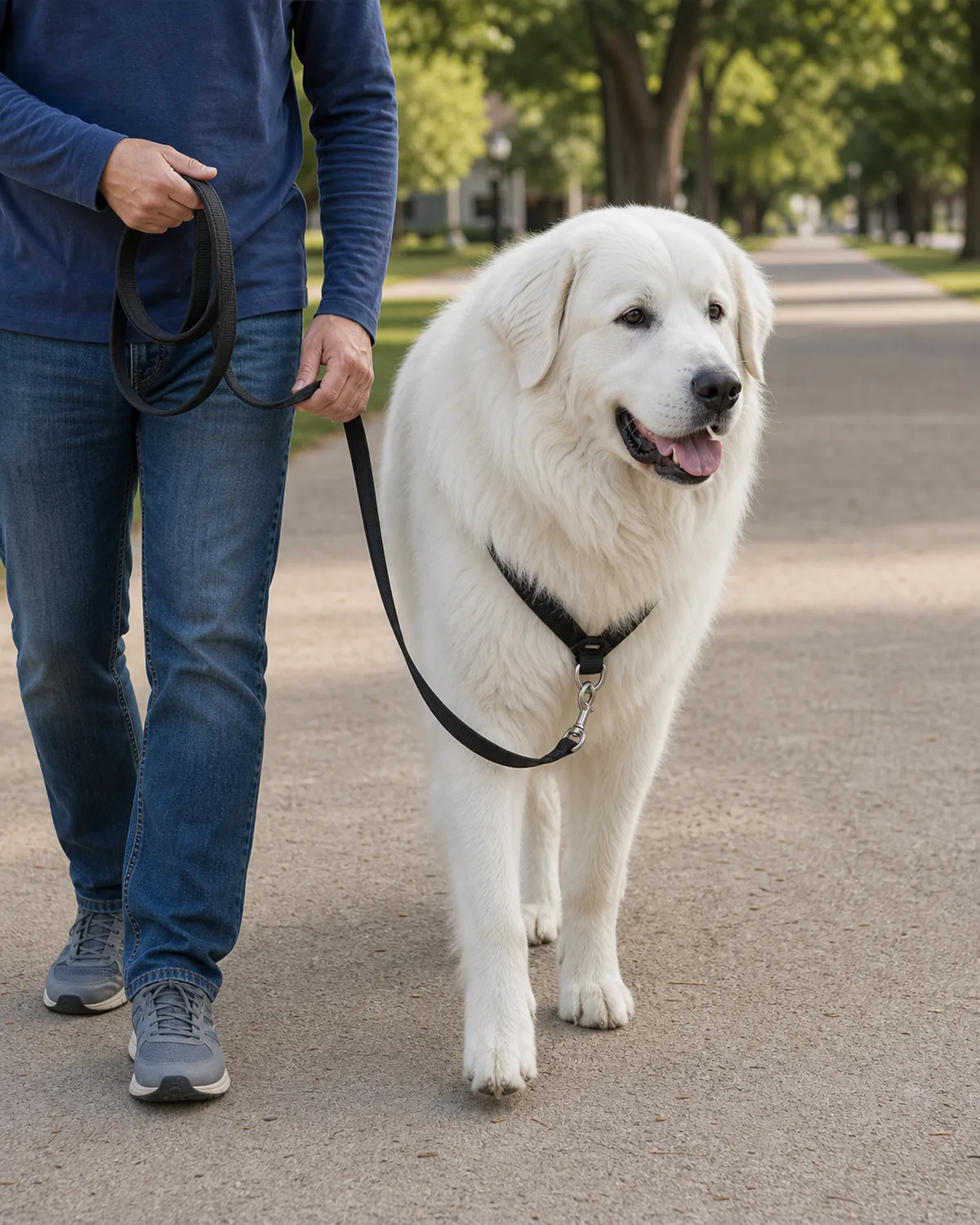 A giant dog with a thick solid-white long double coat, a mane around the neck, floppy ears, and a gentle face walking calmly beside the owner on a wide neighborhood path, the owner holding a plain front-clip harness leash with both hands — main hand at the hip, second hand resting on the leash near the chest — soft daylight