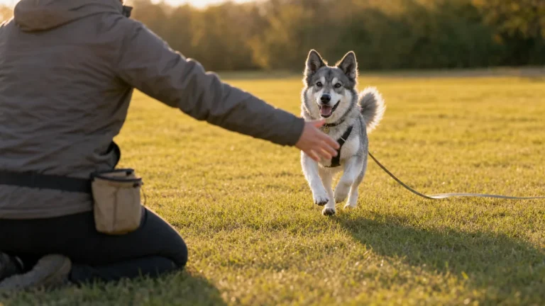 A medium athletic double-coated grey-and-white symmetric-masked erect-triangular-eared dog mid-gallop returning across a golden-hour grass field toward the kneeling owner who is opening both arms wide, a fabric treat pouch visible at the hip and a long flat biothane line trailing slack on the grass