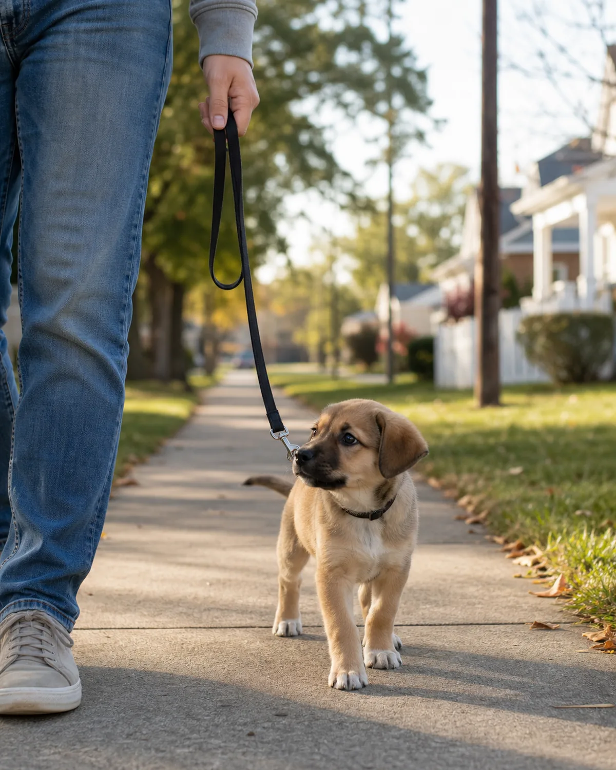A small puppy on a short loose leash walking calmly beside an owner's leg on a quiet residential sidewalk, soft morning daylight, an easy gentle pace, the puppy slightly sniffing the air — a short after-meal walk to help timing
