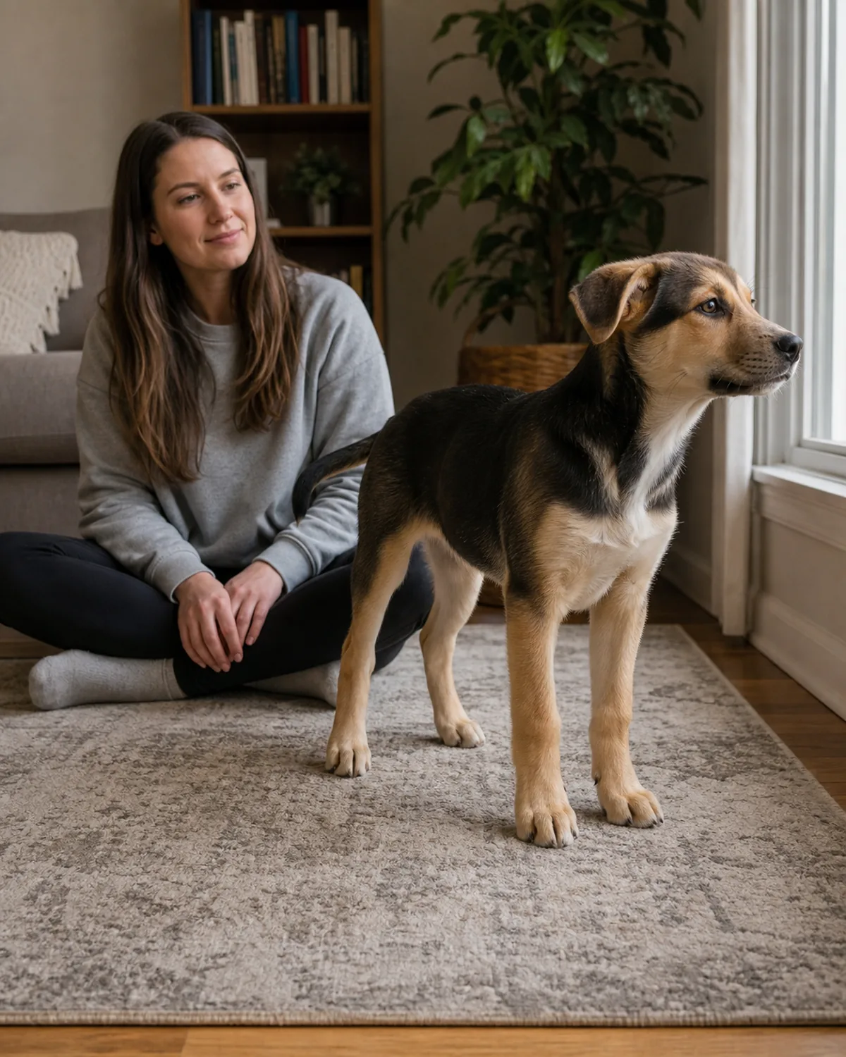 A slightly bigger small puppy around 4 months standing on a living room rug looking a bit distracted out a window, the owner sitting nearby on the floor calmly waiting, soft daylight — the 4-month plateau