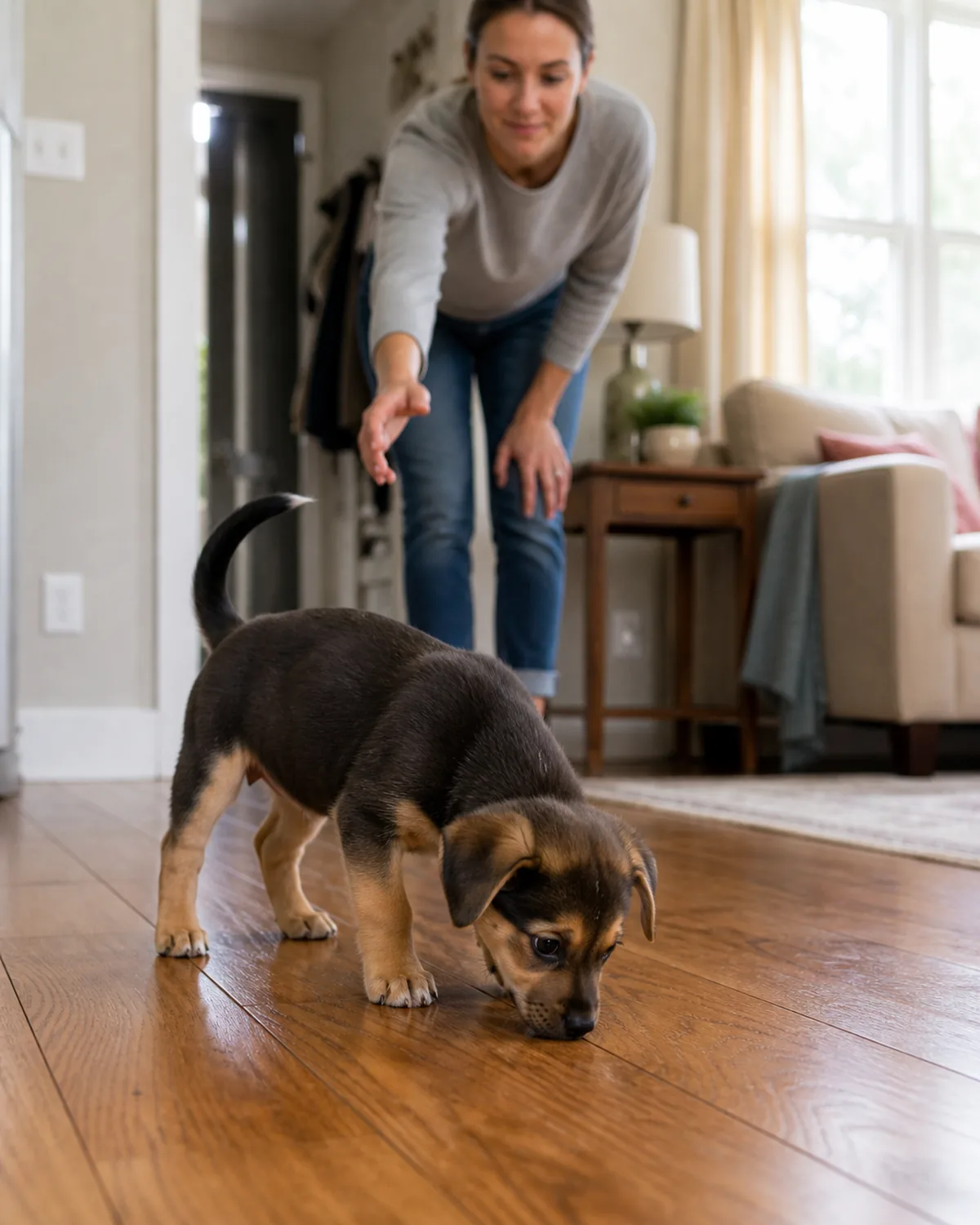 A small puppy sniffing the floor in tight little circles on a hardwood living-room floor, body language alert and a bit restless, an owner in the background already standing up and reaching for the puppy to head outside — a pre-potty signal moment