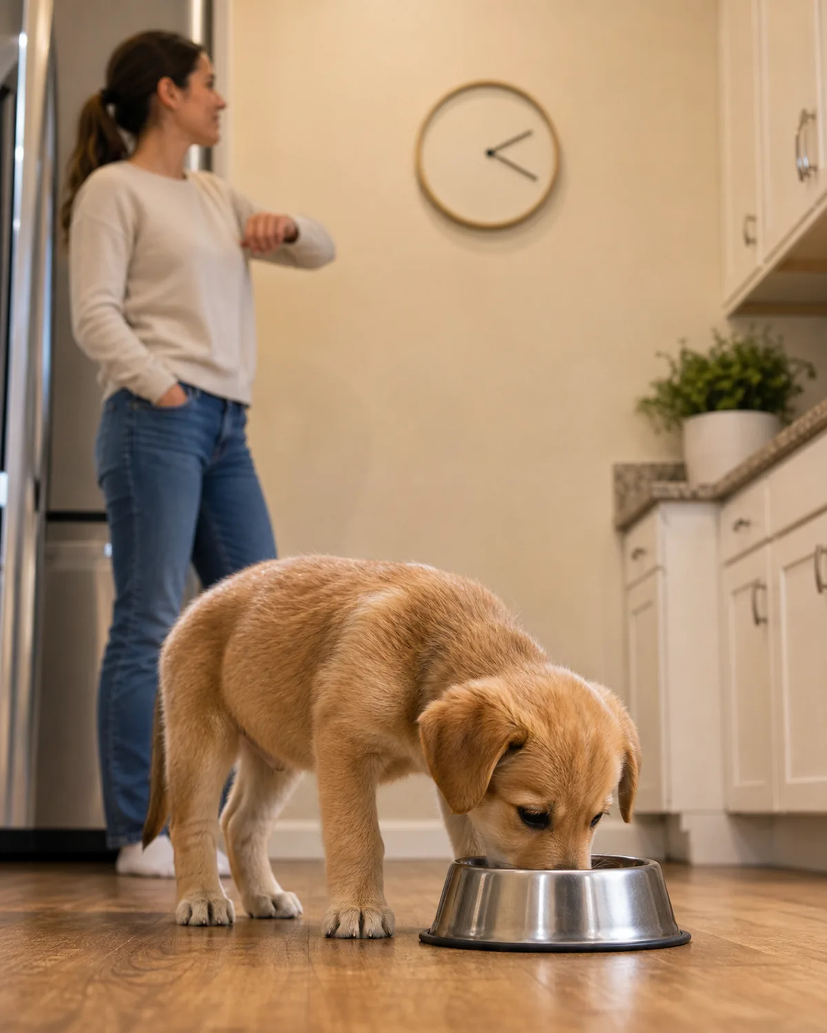 A small puppy contentedly eating from a plain stainless bowl on a kitchen floor while, slightly out of focus, an owner stands nearby glancing softly at a plain wall clock — after meals is a guaranteed potty time