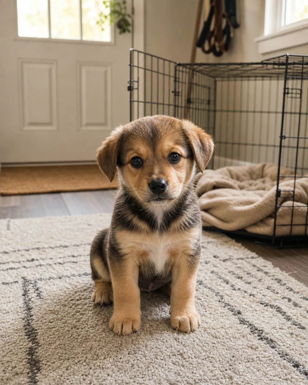 A very young small puppy around 8 weeks sitting on a soft area rug in a bright entryway with a folded blanket and an open crate door visible in the background, soft daylight from a window, calm curious expression — the day potty training begins