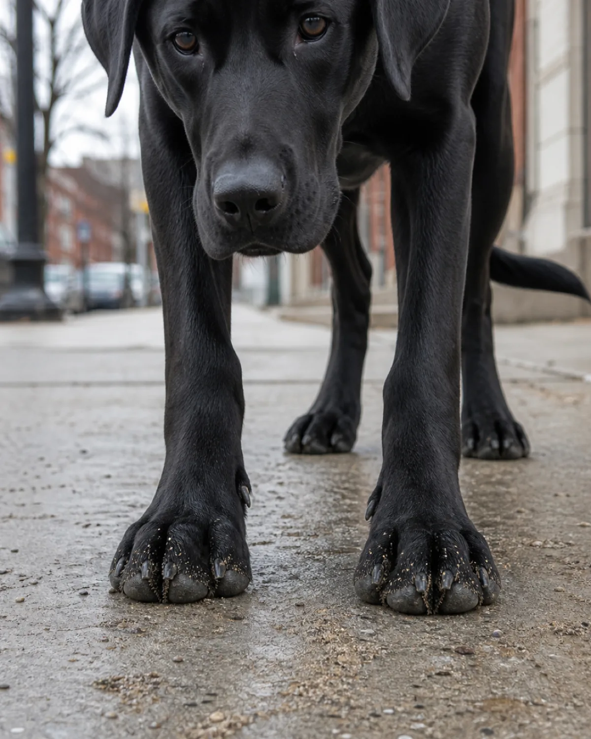 low-angle close-up of a large solid-black glossy short-coated dog standing on a grey city sidewalk with visible dust and fine grit between the paw pads and toes