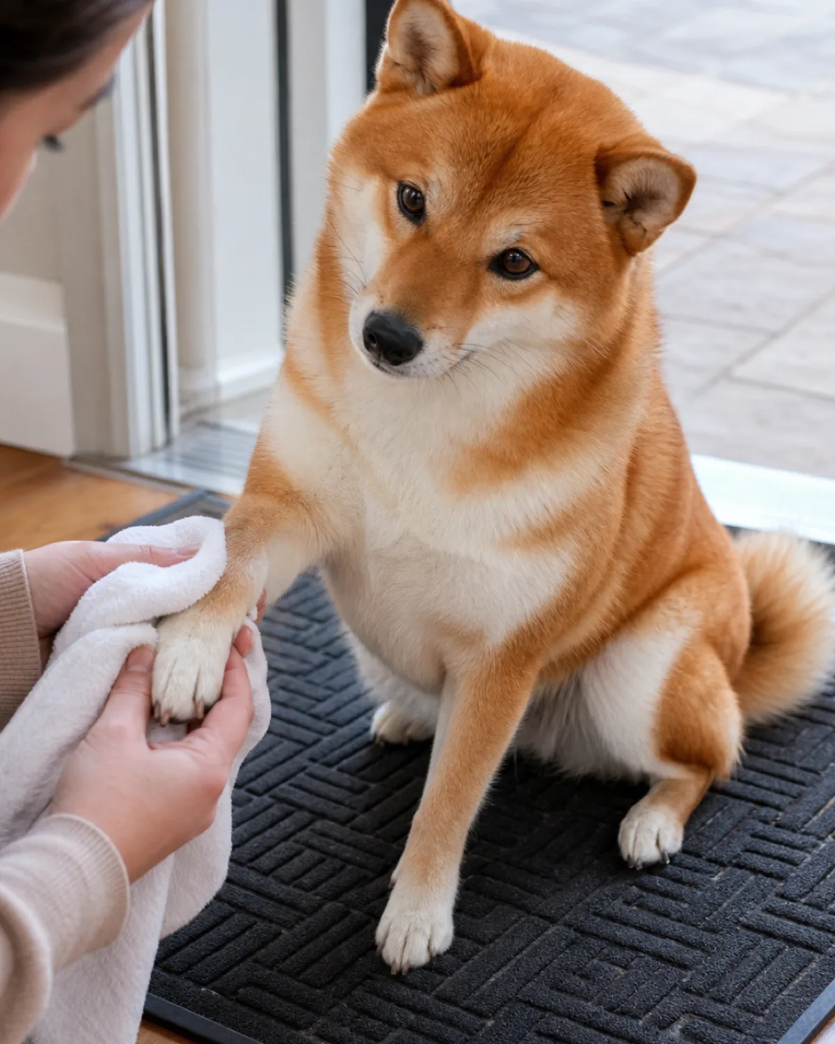 a small compact orange-red double-coated dog with white underside and erect ears sitting on a rubber doormat while a person gently wipes one front paw with a damp white cloth