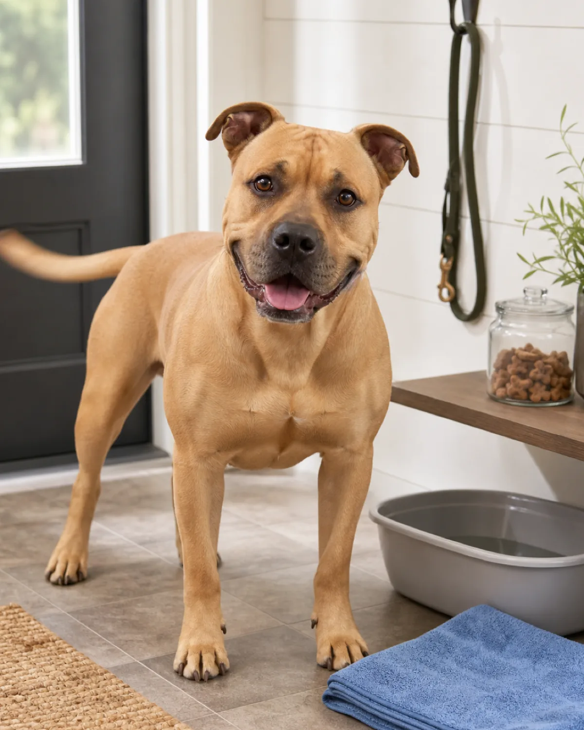 a medium muscular fawn short-coated dog with a broad head and rose ears standing in a clean mudroom next to a neatly arranged paw station with a folded towel shallow basin treat jar and leash on a wall hook