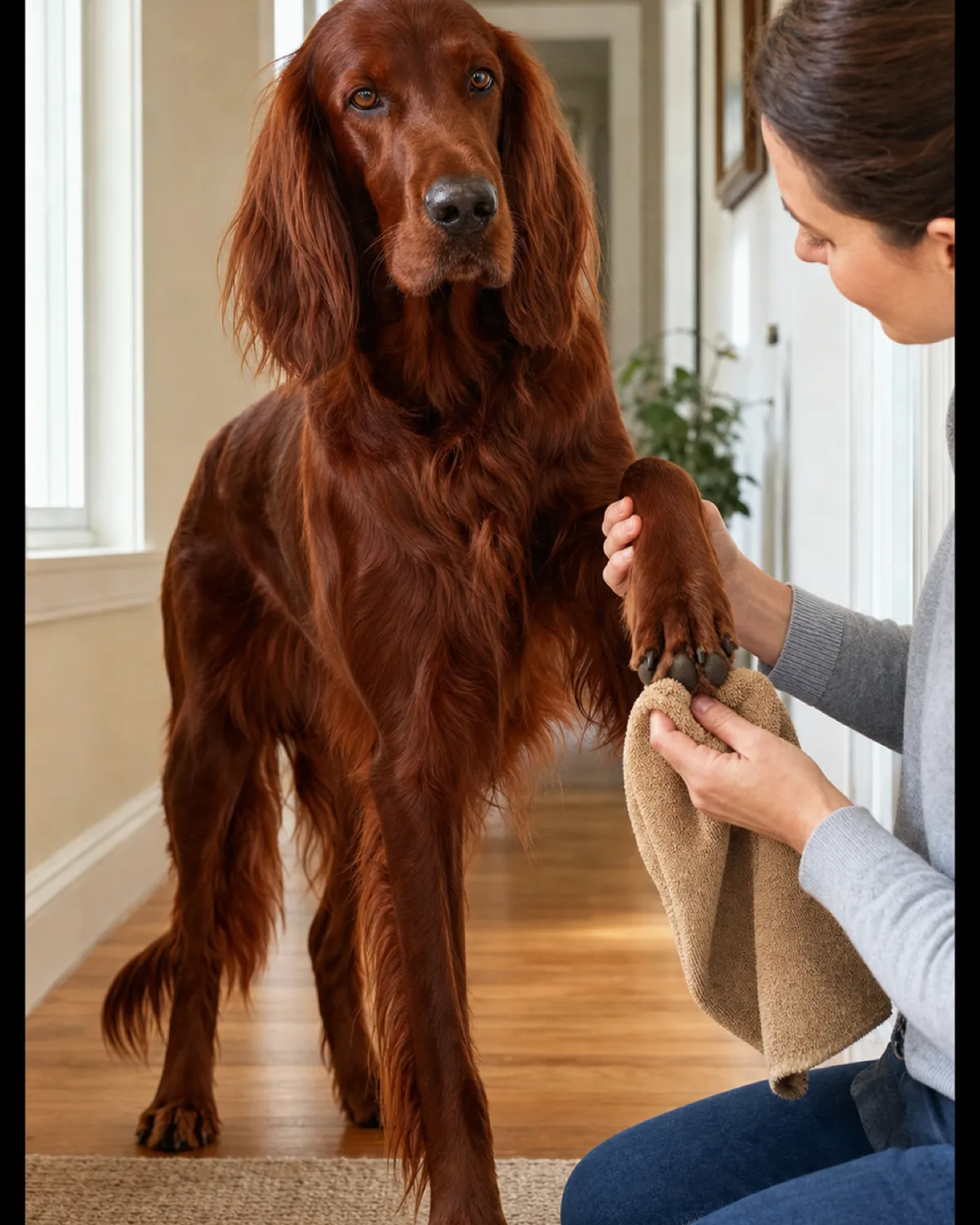 a large lean deep mahogany-red long silky feathered-coated dog with floppy ears standing on three legs in a bright hallway while a kneeling person holds one front paw at the wrist and presses a tan microfiber towel between the toes