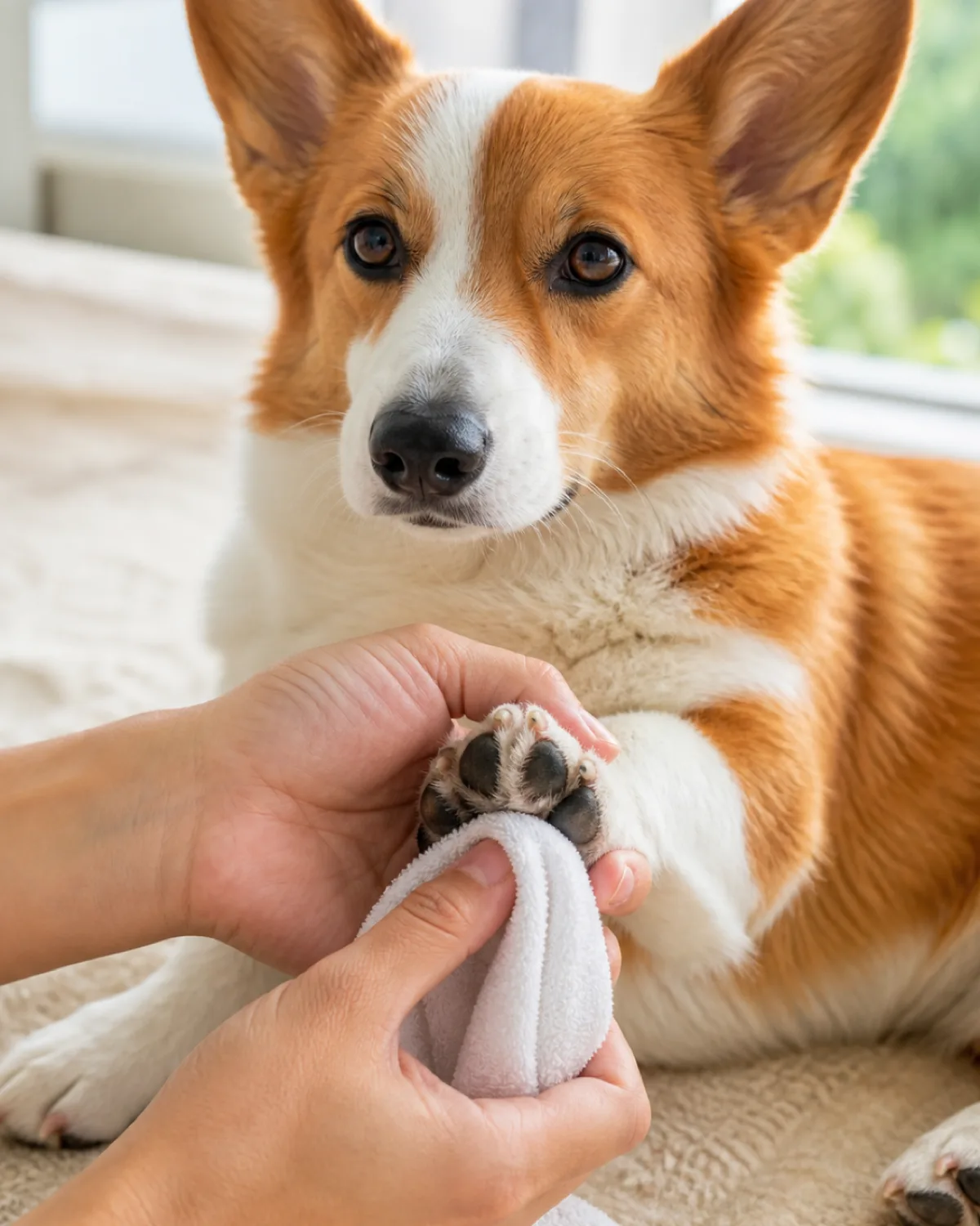 close-up of hands carefully drying between the toes of a small red-and-white short-legged long-bodied dog with oversized erect ears using a white microfiber towel pressed gently between two toes with a healthy dark paw pad visible