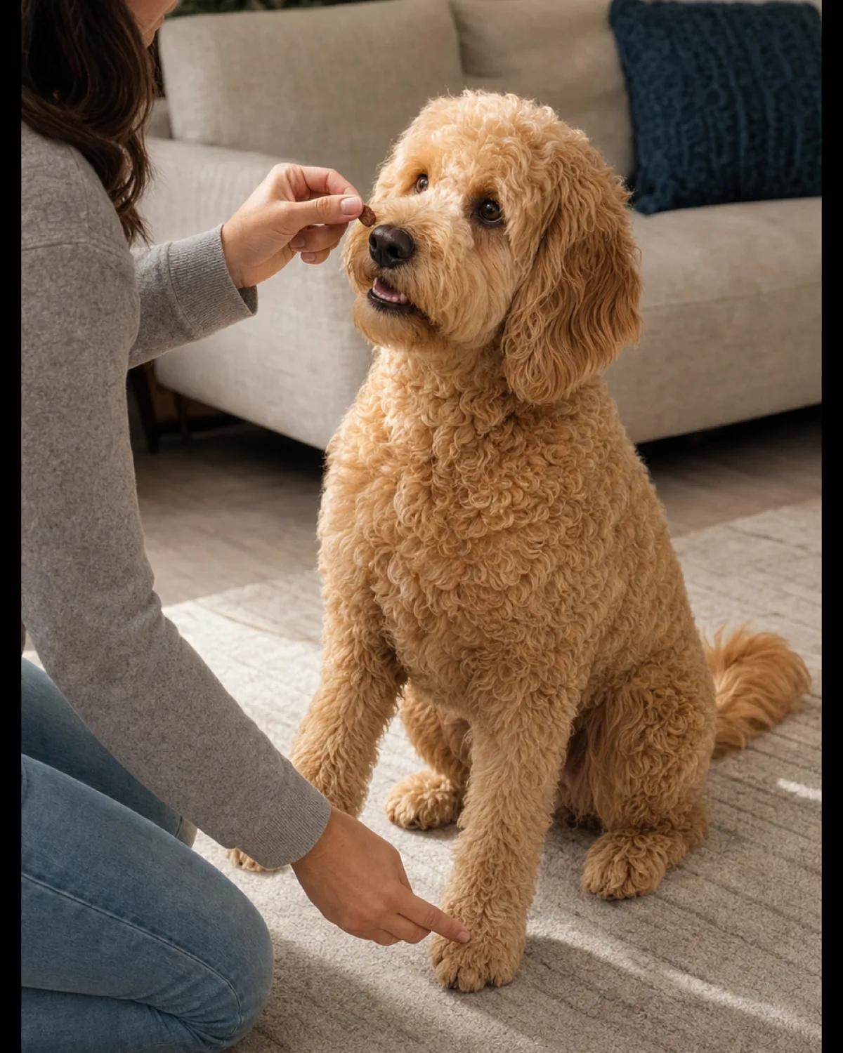 a medium apricot wavy-curly-coated dog with floppy ears and a teddy-bear face sitting on a living room floor while a kneeling person holds a treat near the dog nose with one hand and gently touches the top of the dog front paw with the other
