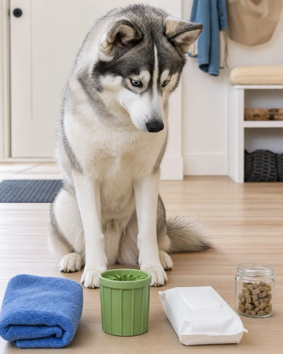 a medium grey-and-white double-coated dog with a dark facial mask and erect triangular ears sitting on a light wood floor beside a neat arrangement of paw-cleaning supplies including a folded blue towel green silicone paw washer cup pet wipes and a small treat jar