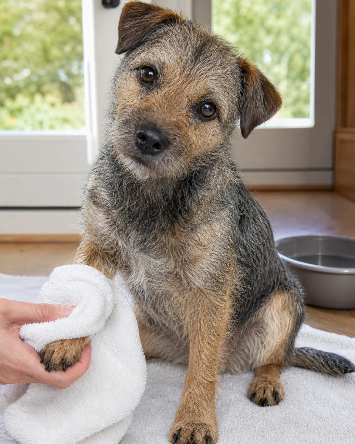 a small scruffy grizzle-and-tan rough-coated dog with folded V-shaped ears sitting on a clean towel near a doorway with one front paw wrapped in a white microfiber towel being dried and a shallow basin nearby