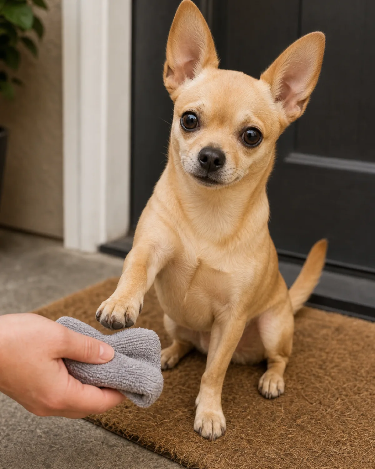 a tiny fawn short-coated dog with an apple-domed head oversized erect ears and large round dark eyes sitting neatly on a doormat near a front door voluntarily lifting one front paw toward a person hand reaching with a folded towel