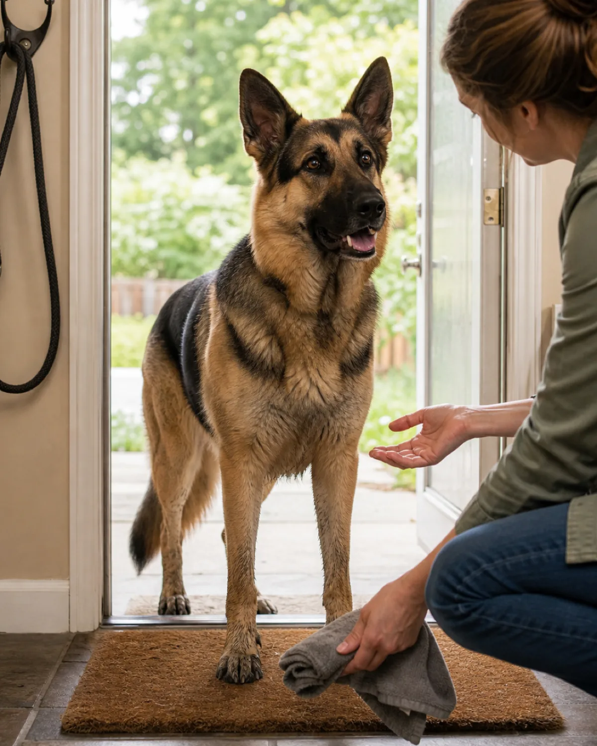 a large tan-and-black saddled masked dog with upright pointed ears standing on a doormat just inside a half-open back door with dried mud traces on the front paws while a person bends down ready to start cleaning