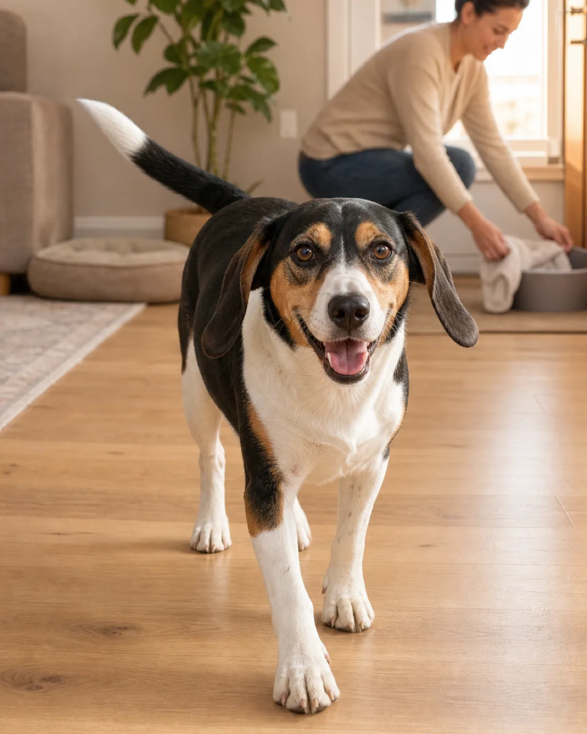 a small sturdy tricolor short-coated hound dog with long low-set floppy ears walking happily across a clean light wood living room floor with all four paws clean and dry while a person tidies the paw station in the background