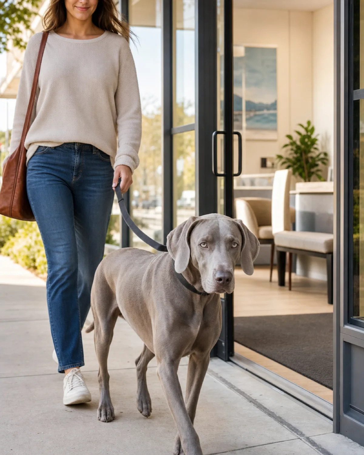 a large sleek silver-grey short-coated dog with floppy ears and pale eyes walking past a veterinary clinic entrance with its owner