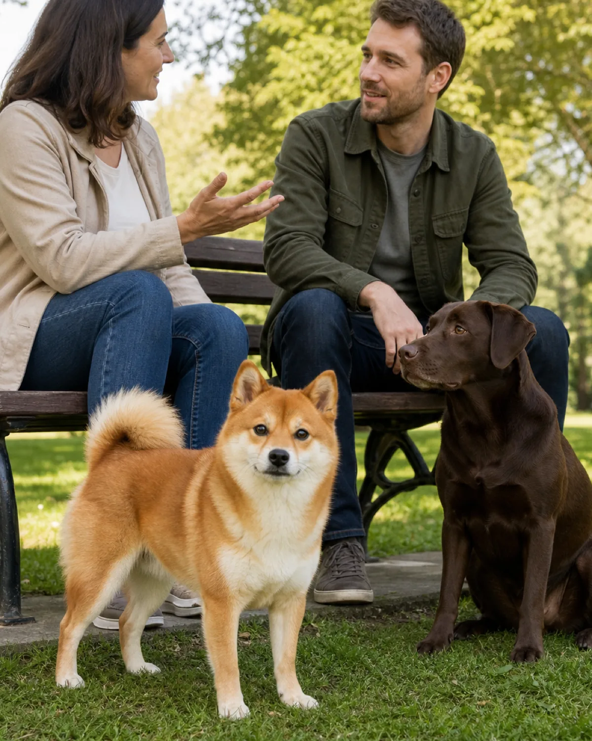a small compact orange-red double-coated dog with white underside and erect ears standing on park grass near two people chatting on a bench with another chocolate-brown dog nearby
