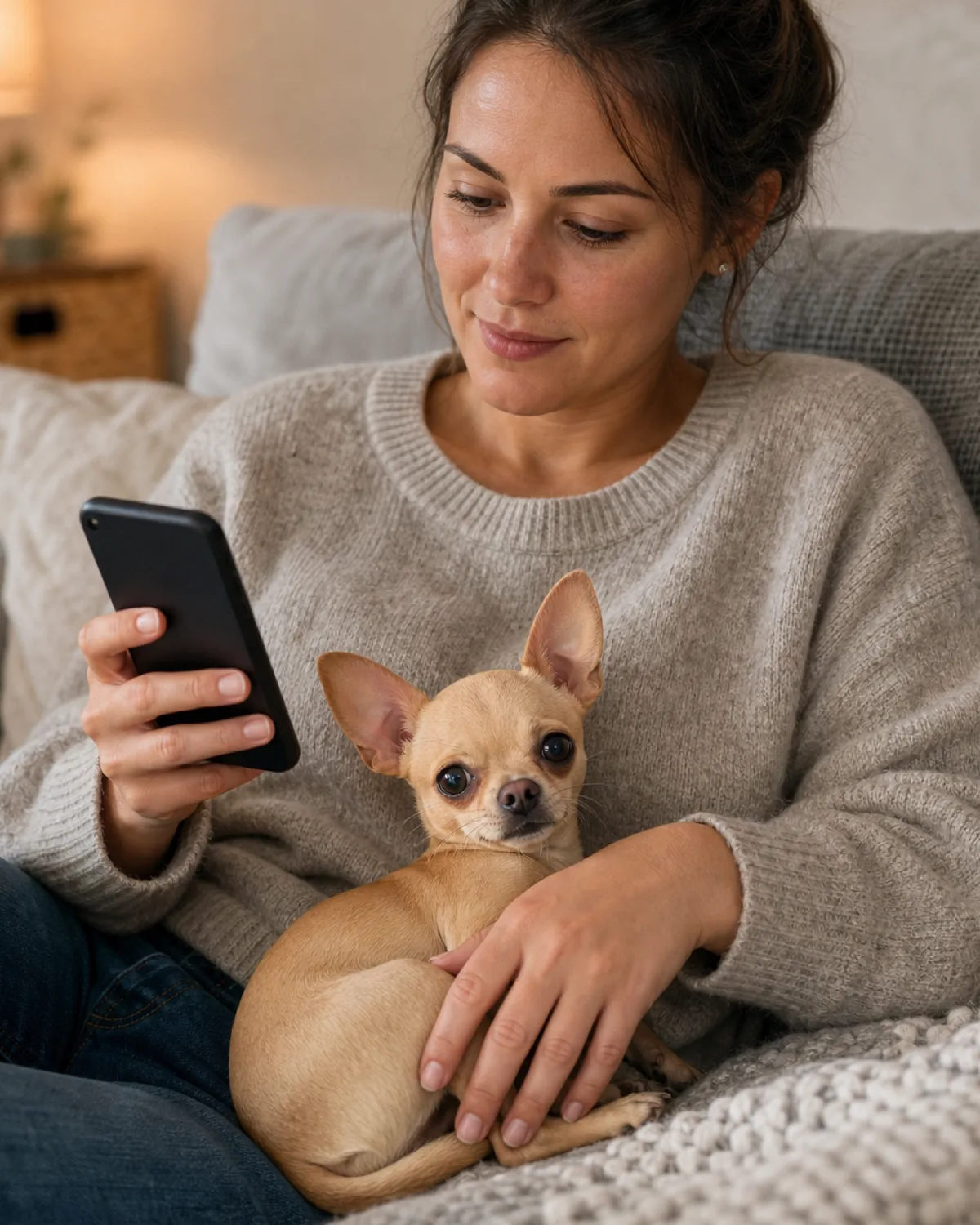 a tiny fawn short-coated dog with oversized erect ears and large round eyes curled up on its owner lap while the owner checks a phone